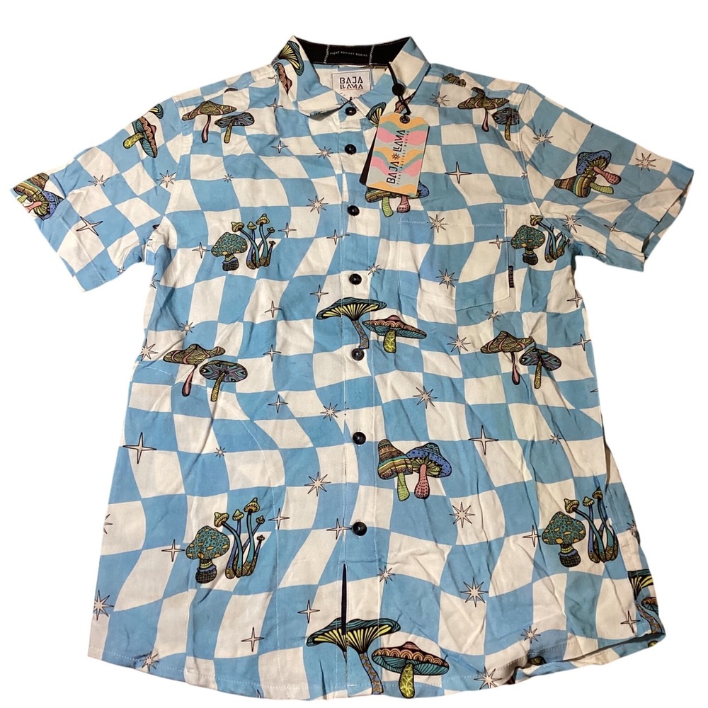 Baja Llama Nighthawk Mushroom Button Up Shirt Mens‎ Size S Short Sleeve - NWT